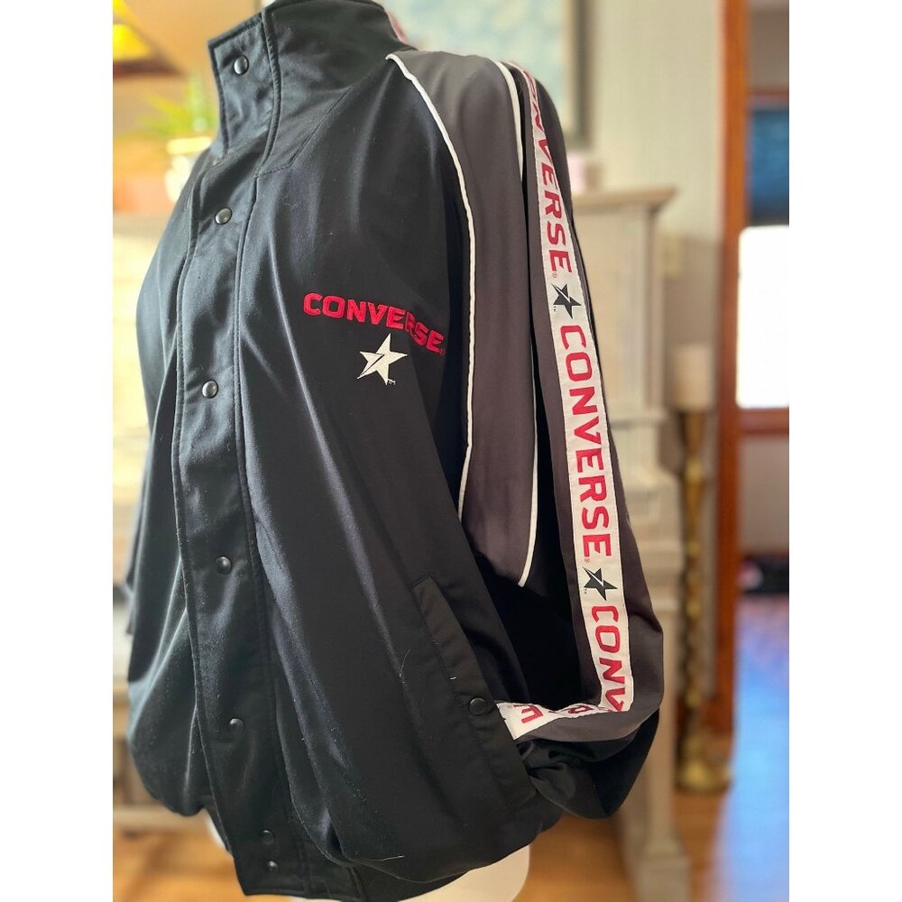 Vintage Converse Black Snap-Front Jacket With Logo Sleeves & Star Embroidery L